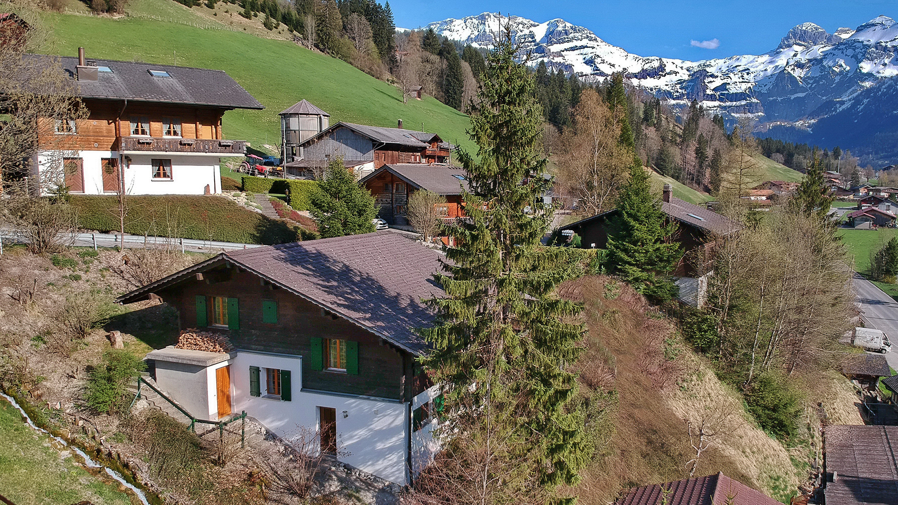 Uitzicht vanaf het chalet op de bergen